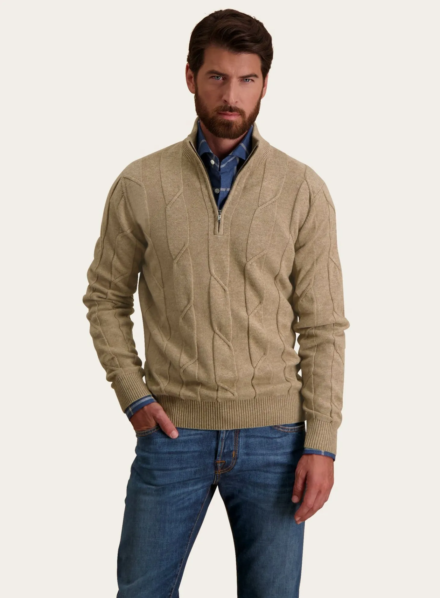 Slim-Fit Half-Zip Trui Met Kabelpatroon Van Wol En Cashmere